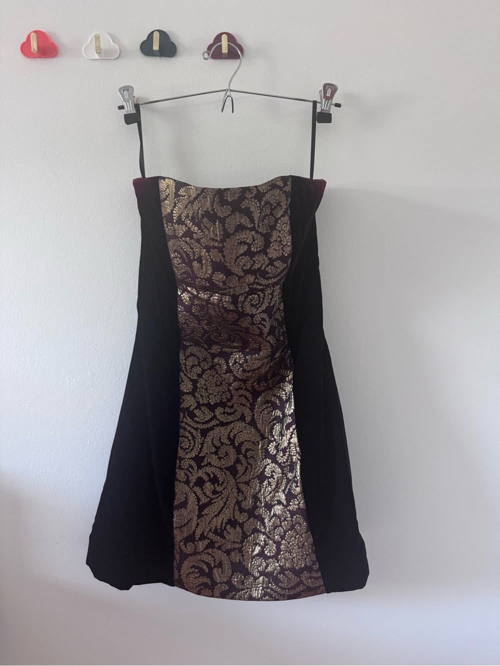 Jessica McClintock Strapless Black and Burgundy with Gold Brocade Dress